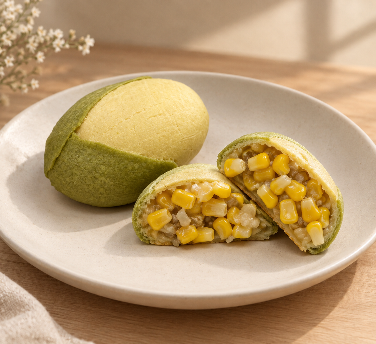 とうもろこしパンの盛り付け例と断面