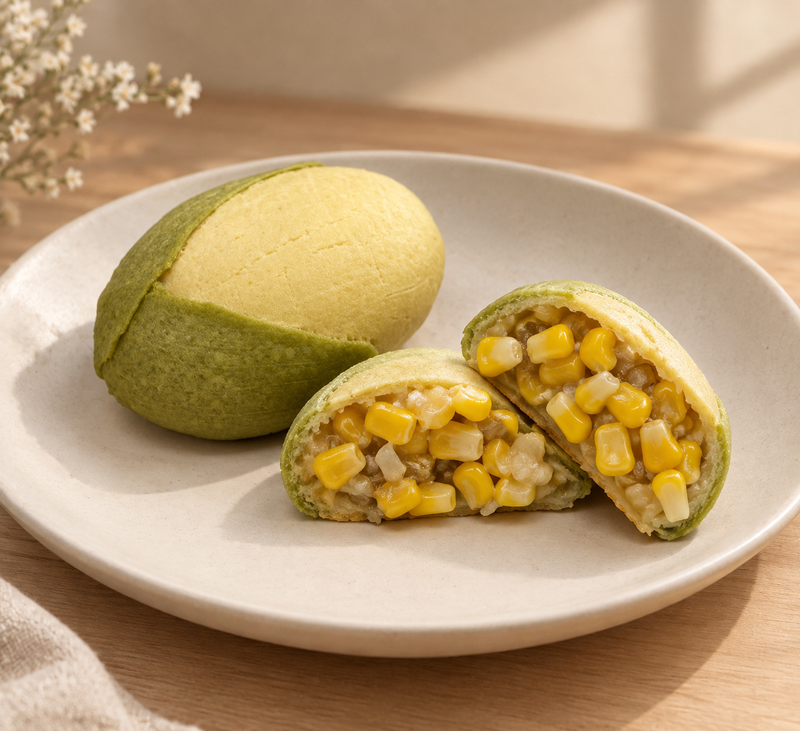 とうもろこしパンの盛り付け例と断面